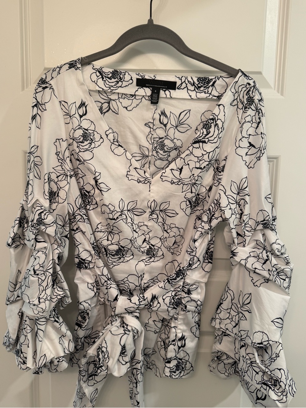 White House Black Market White Black Floral Ruffle Wrap Blouse